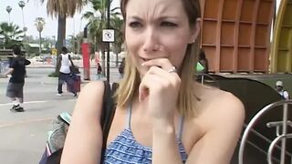 Two dudes invite young blonde in their van and fuck her
