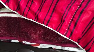 Busty blonde stepmother fucks her stepson while her husband plays blind in the same bed. The step father gets excited to see his son having sex.